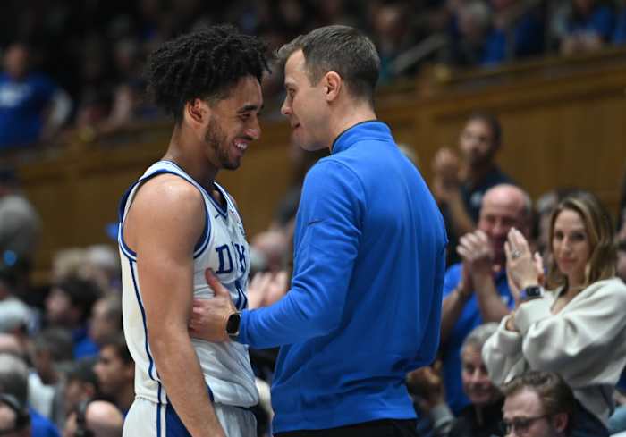 Duke basketball head coach Jon Scheyer and guard Jared McCain